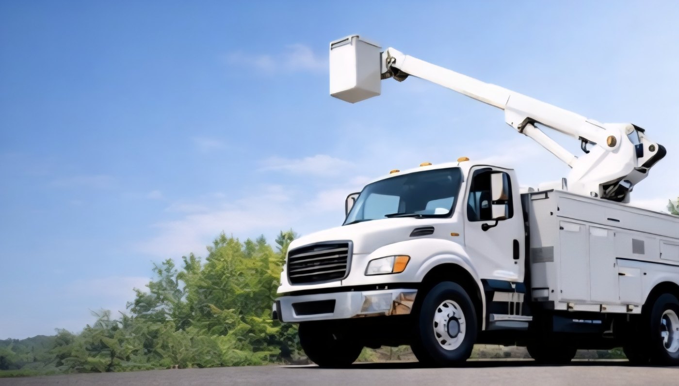 Aerial truck positioned near tree line